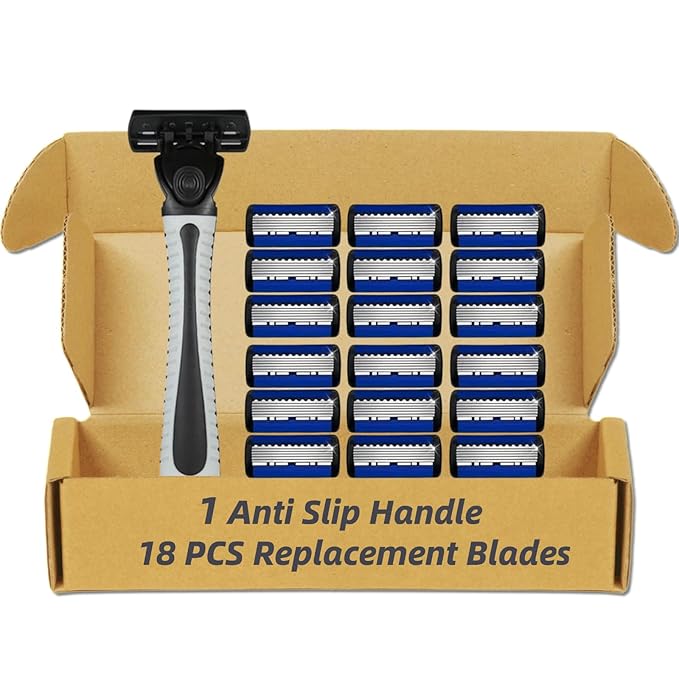 6-Blade Razor for Men, Men's Razors Set Includes Handle & Blade Refills, Precision Manual Beard Trimmer Safety Men Shaving Essentials Kit Travel Face Cleansing Shaver (1 Razor + 18 Blades)