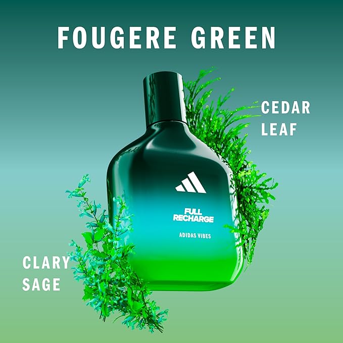 Adidas Vibes Full Recharge Eau de Parfum 1.6 fl oz (Pack of 1), Notes of Fougere, Cedar, and Sage, Unisex Fragrance, Long Lasting, Sporty Fragrance, Travel Size