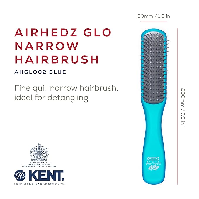 Kent AHGLO02 Airhedz Glo Blue Half Round Narrow Detangling Hair Brush - 9 Row Ionic Anti Static Non Scratch Long Nylon Bristle Great for Detangling and Smoothing Medium to Long Length Hair