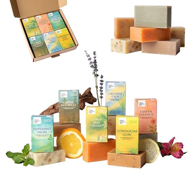 Organic Soap Bar Set - 6 Pack, Cold Process Natural Bar Soap for Women & Men for Sensitive Skin, Body, Face and Hands, Leaping Bunny Certified, Aromatherapy Bath & Shower Gift Set, Made in USA