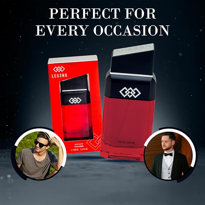 LEG3ND Men's Cologne Eau de Parfum Spray - 3.4oz/100ml Long-Lasting Scent with Elegant & Sleek Glass Bottle - Fragrance for Men with Luxurious Patchouli & Woody Notes (Red Edition)