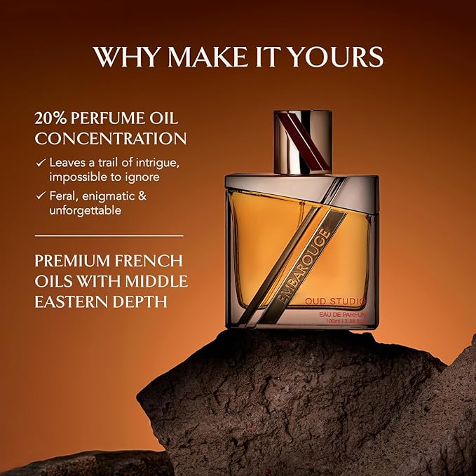 EMBAROUGE OUD STUDIO Men's Fragrance | Perfume for Men | CitrusTop note | 100 ml pack | 3.4 Fl. Oz. | Woody and Amber fragrance | Gift for Men | Eau de Parfum EDP
