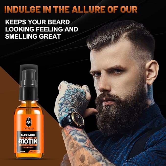 Beard Oil,Maximun Thickening Biotin, with Castor Oil and Argan & Jojoba Oils, Promotes Beard Growth, Styles, Strengthens & Softens Beards & Mustaches,1 Ounce*2（2 Pack）