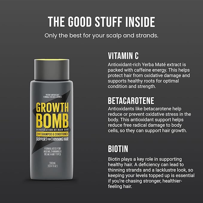 Growth Bomb 2 in 1 Shampoo and Conditioner - Natural 2 in 1 Shampoo and Conditioner for Men & Women, Use on Mens Thin Hair, Support for Thick, Full Hair, Caffeine from Yerba Mate - 300 mL