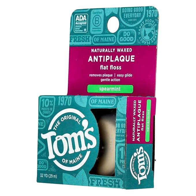 Tom's of Maine Natural Waxed Antiplaque Flat Floss, Spearmint, 32-Yards, Pack of 2