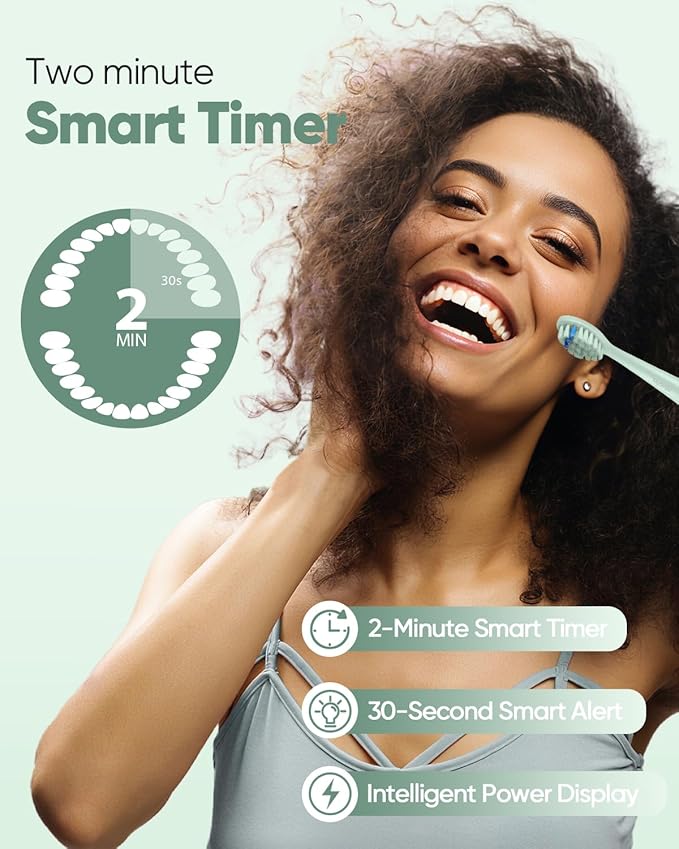 MySmile DY156 Electric Toothbrush for Adults, Rechargeable Sonic Battery Toothbrush Portable with 3 Brush Heads, 2 Mins 5 Modes Smart Timer, 45000VPM, One Charge for 60 Days - Green