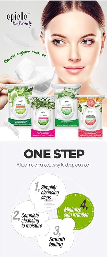 Epielle Green Tea Makeup Remover Wipes, Gentle Daily Facial Cleanser Towelettes, Remove Dirt, Oil & Waterproof Mascara, Stocking Stuffers, 60 Count (Pack of 2)
