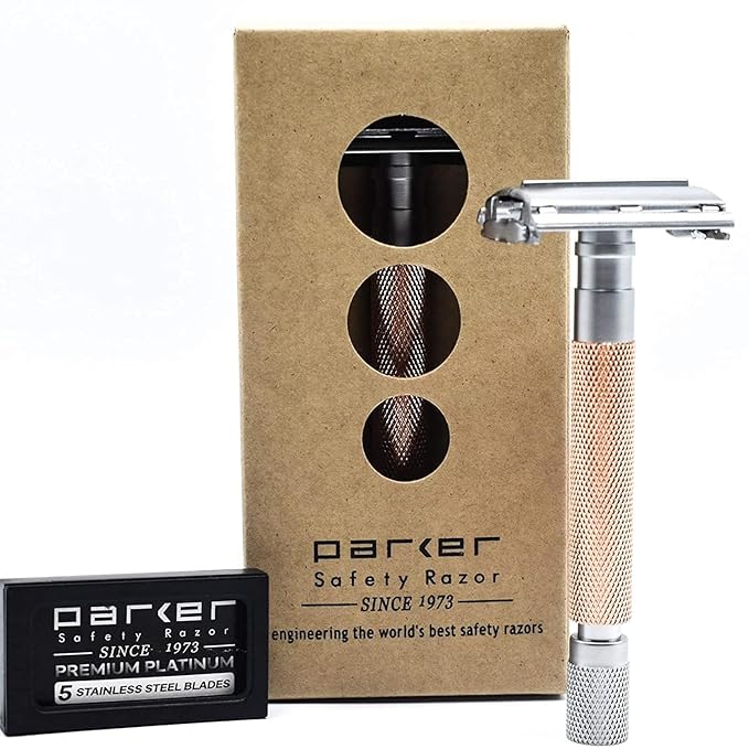 Parker 74R Rose Gold – Long Handle Butterfly Open Safety Razor for Men | Heavyweight Double Edge Razor Includes 5 Premium Platinum Blades