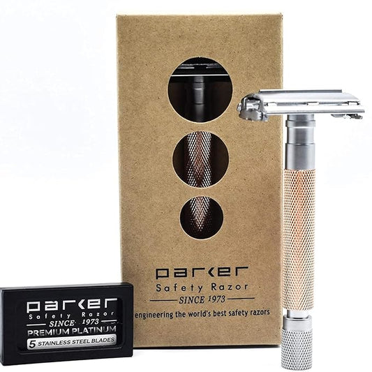 Parker 74R Rose Gold – Long Handle Butterfly Open Safety Razor for Men | Heavyweight Double Edge Razor Includes 5 Premium Platinum Blades