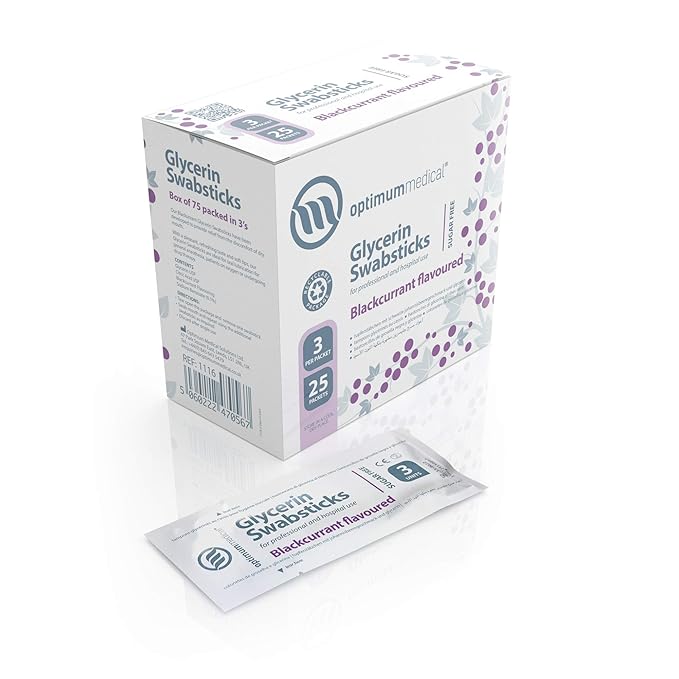 OPTIMUM MEDICAL Glycerin Swabsticks (x75) – Blackcurrant Flavour Pleasant Tasting Sugar Free Swab Sticks for Dry Mouth Relief (Blackcurrant)