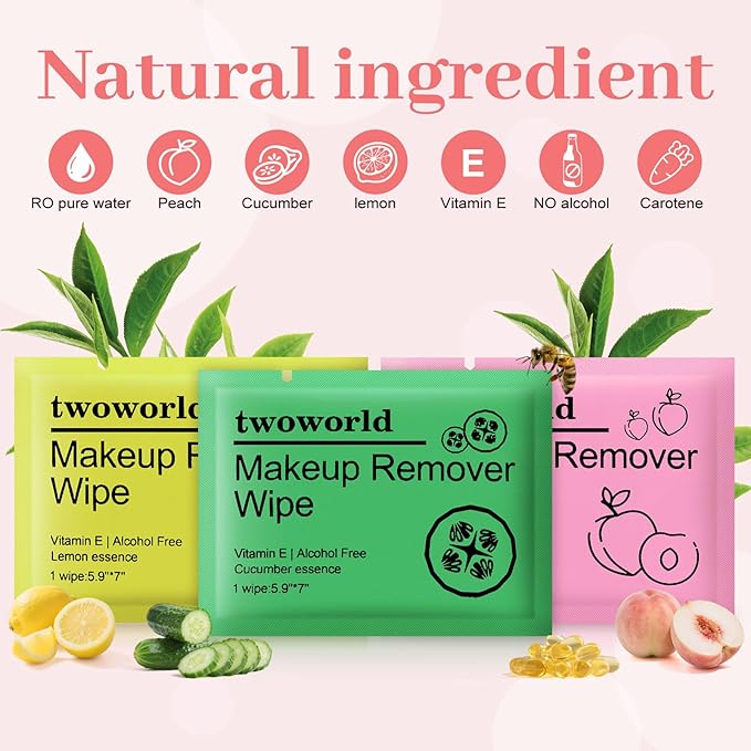 Makeup Remover Wipes Bulk Individually Wrapped,Travel Makeup Wipes Gentle for Face Cleansing Mascara Lipstick Travel Hotel（honey peach,lemon and cucumber,pack of 120)