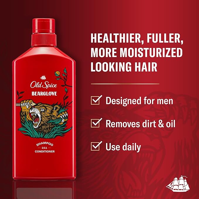 Old Spice Bearglove 2-in-1 Shampoo & Conditioner for Men, Healthier, Fuller, More Moisturized Looking Hair, 13.5 Fl Oz Each (Pack of 6)