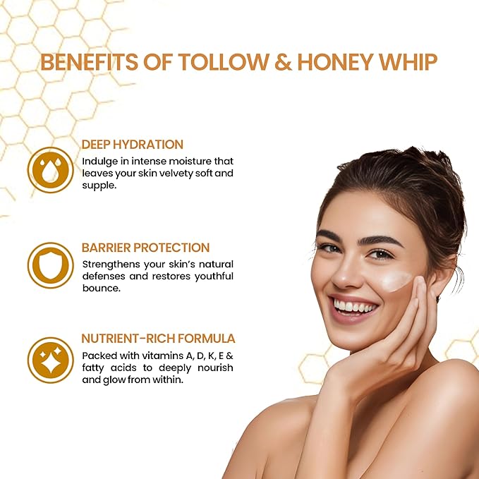 Grass-Fed Beef Tallow Moisturizer with Honey & Beeswax – Whipped Tallow Face Cream for Deep Hydration – Natural Face & Body Balm for Dry, Sensitive Skin – 4.2 oz for Men & Women
