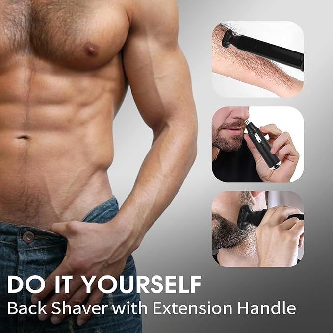 Back Shavers for Men Long Handle,Multifunctional Self-Service Electric Back Hair Razor with Adjustable Handle,Men's Back Shaver wiht Nose Hair Trimmer Set and 2 Shock Absorber Flex Heads,Black
