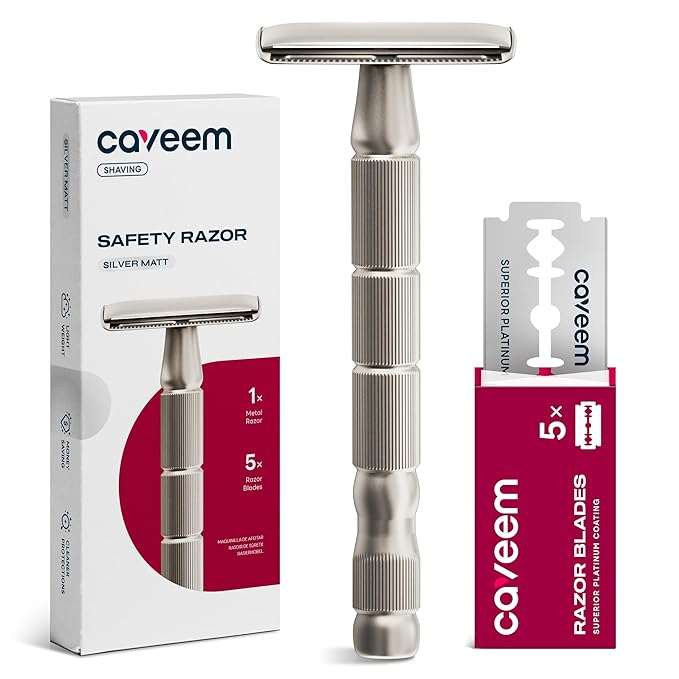Double-Edge Safety Razor, Single-Blade Razors with 5 Stainless Steel Safety Razor Blades for Men and Women, Reusable Metal Razor – Silver Matt