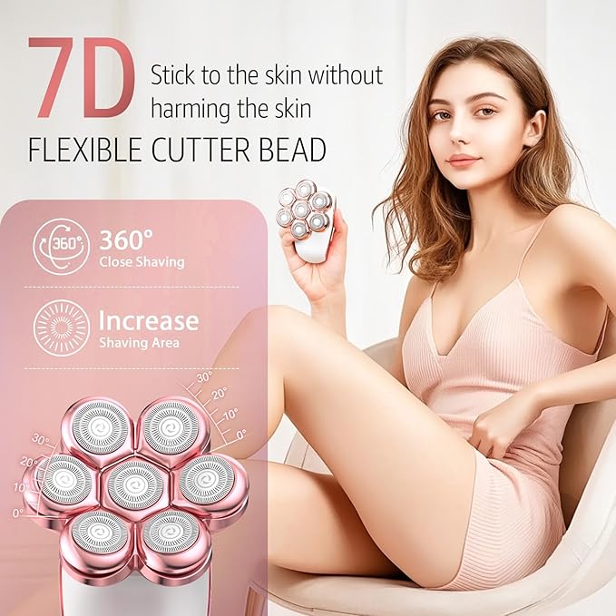 SHPAVVER Electric Razors for Women Legs: 7D Floating Head Electric Shaver - IPX7 Waterproof Wet Dry Hair Remover - LED Display & Travel Lock for Body Face Bikini (Light Pink)