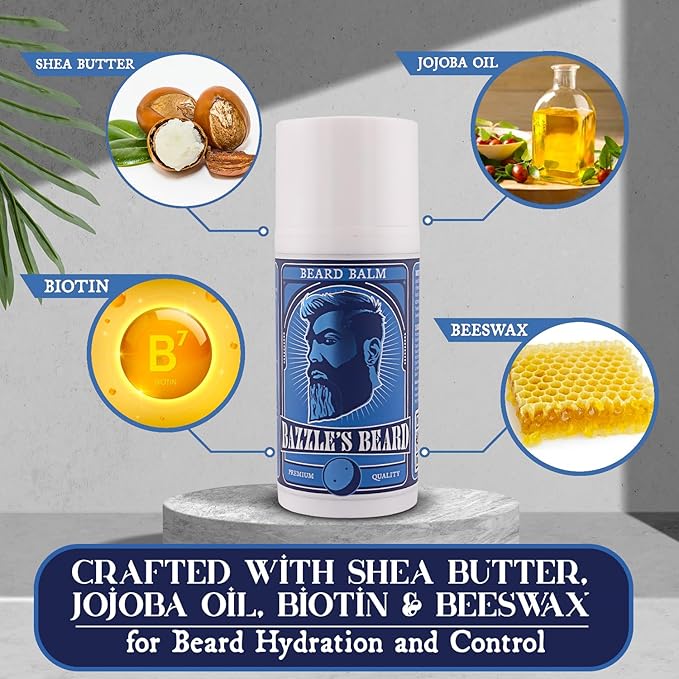 Bazzle's Beard Balm – Gentle Hold & Soft Texture Beard Growth Kit for Men Infused with Shea, Jojoba & Biotin for Healthy Hair Growth & Hydration, Ideal Mustache Care Product for Nourishing Facial Hair