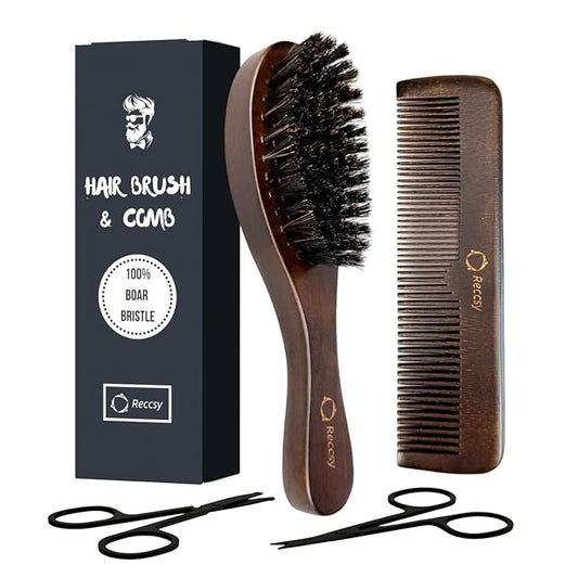 Hair Brush And Comb Set For Men-Boar Bristle Hair Brush,Beard & Wave Brush,Fine Tooth and Wide Tooth Wooden Beard Comb,Facial Grooming Scissors for Eyebrow, Nose Hair, Mustache