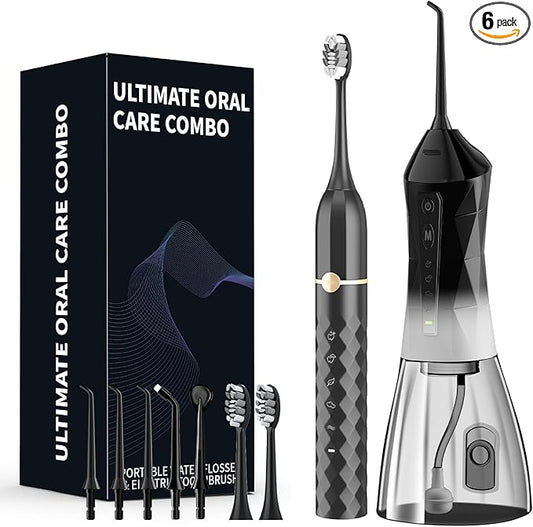 Water flosser+Electric Toothbrush Combination Set -5-Speed Sonic Electric Toothbrush, 4-Speed Portable Water flosser, Super Waterproof, a Great Gift for Friends (Black)