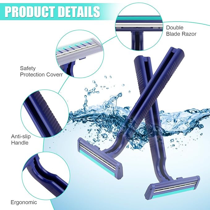 Disposable Razors Bulk for Men 200 Pack, Homeless Supplies Bulk, Twin Blade Mens Travel Supply Razor for Shaving, Safety Beard Shavers for Camping Bathing Hotel (Blue)