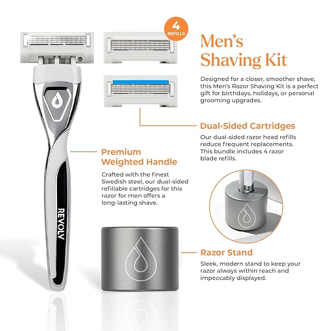 REVOLV - Men’s Razor Shaving Kit - 1 Premium Weighted Handle + 5 Dual-Sided Cartridges + 1 Stand - For a Closer, Smoother Shave - Safe on Sensitive Skin - 4 Razor Blade Refills - Grey