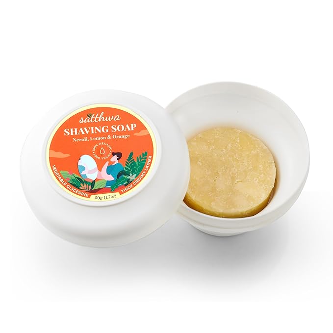 Satthwa Organic Shaving Soap Puck infused with Neroli, Lemon & Orange | Create the Perfect Lather | Excellent for Silky Smooth Shaves | Hydrates and Shields, 50g (1.7oz)