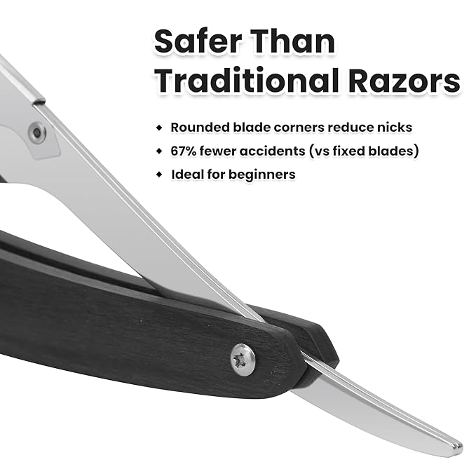 Shavette Straight Razor Kit for Men - Stocking Stuffers Gifts for Dad, Husband, Boyfriend - Professional Barber Straight Edge Razor with Black Wooden Handle for a Close, Smooth Shave & Beard Shaping
