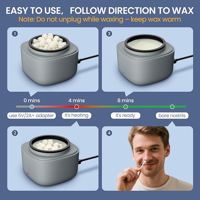 Nose Wax Kit Men, Nose Hair Waxing Kit with 100g Wax, 40 Sticks, Ear Hair Removal for Men, USB Fast Heat, Smart Constant Temp, Upgraded Size, Multi-Accessories, Gray