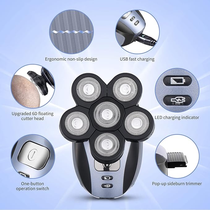 Head Shavers for Men - Upgraded Multifunctional Bald Head Shaver, Waterproof Electric Razor for Men Cordless Rechargeable Shaving Grooming Kit (Blue)