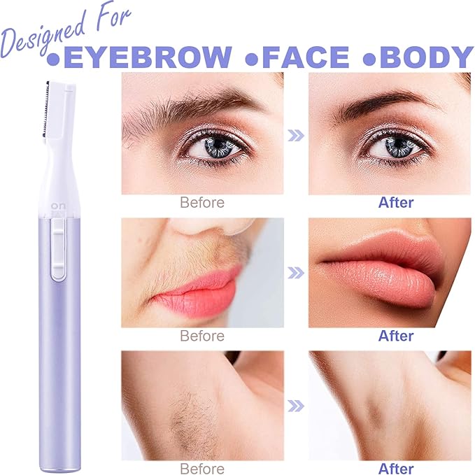 Electric Eyebrow Trimmer for Women, Facial Hair Razor Removal for Men, Mini Epilator for Bikini, Remover for Face, Chin, Peach Puzz, Lips, Body, Arms, Legs, Battery Operated (Purple)