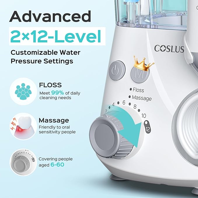 COSLUS Advanced Water Flosser for Teeth: 2 Modes & 12 Pressure Settings Electric Dental Pick for Orthodontic, Braces, Sensitive Gums - Home Use, 5 Jet Tips for Multiple Users, Family, White, E2