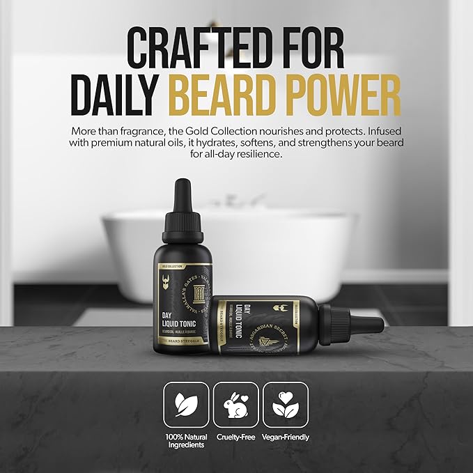 The Beard Struggle - Day Liquid Tonic Beard Oil - Gold Collection, Asgardian Secret - Beard Oil for Men - Moisturize, Softens Hair, Reduces Itch - Day Time Beard Growth Oil (1 Fl oz)