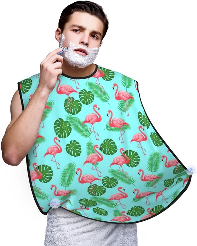 Waterproof Grooming Apron, Non-Stick Beard Bib with Suction Cups, for Green Tropical Palm Banana Leaves Lovely Exotic Bird Pink Flamingo