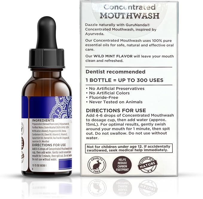 GuruNanda Concentrated Mouthwash (2 fl oz), Fluoride-Free, Mint Mouthwash with Natural Essential Oils, Supports 300 Rinses, Aids in Fresh Breath