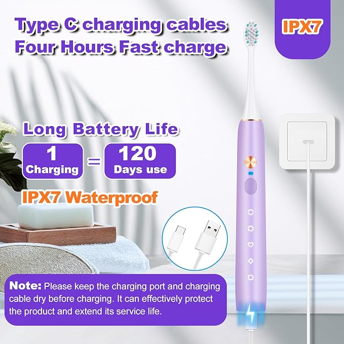 Whitening Electric Toothbrush for Adults and Kids, Rechargeable Toothbrush with 8 Brush Heads & Travel Case, 5 Modes & Smart Timer, 45000VPM Deep Clean, IPX7,One Fast Charge Last 120 Days - Purple