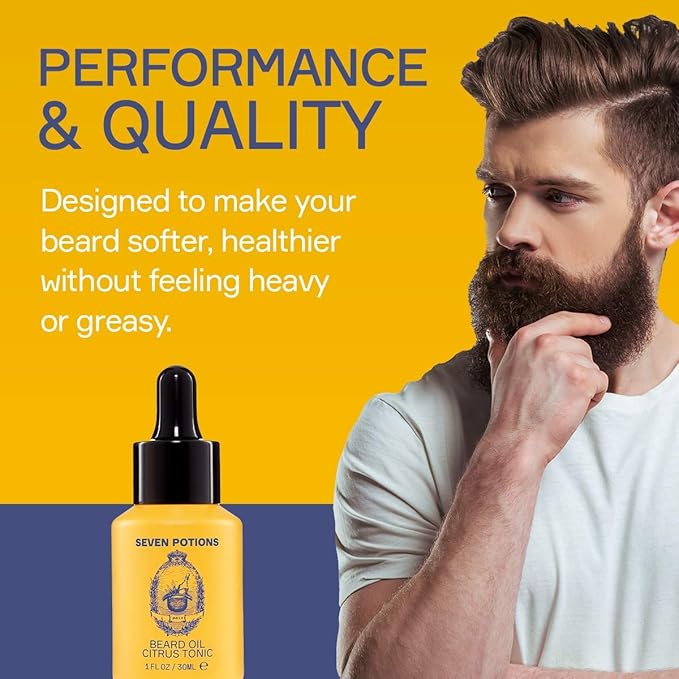 SEVEN POTIONS Natural Beard Oil for Men 1 FL OZ / 30ml — Fresh & Citrus Beard Softener & Conditioner — Vegan Conditioning Oil That Helps Prevent Itch & Dandruff (Citrus Tonic)