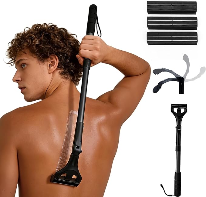 Retractable Back Shaver for Men: 180° Foldable Head Hair Shaver,Double Sharp Blades & Ergonomic Handle, Wet or Dry Back & Body Hair Removal,Black(3PCS Blades Included)