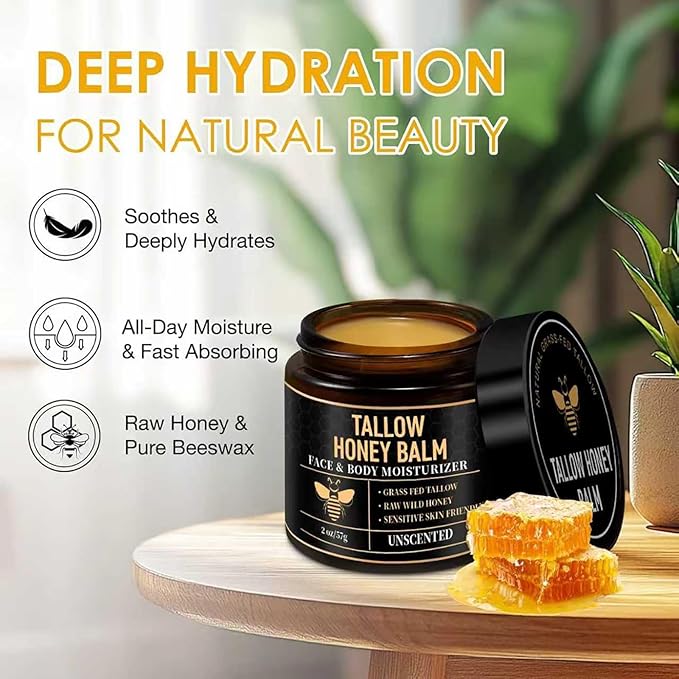 2 Packs Organic Beef Tallow for Skin, Grass Fed Tallow and Honey Balm for Face, Tallow Face Moisturizer with Raw Honey,Natural Soothing Moisturizing Cream for Dry Sensitive Skin(Unscented)