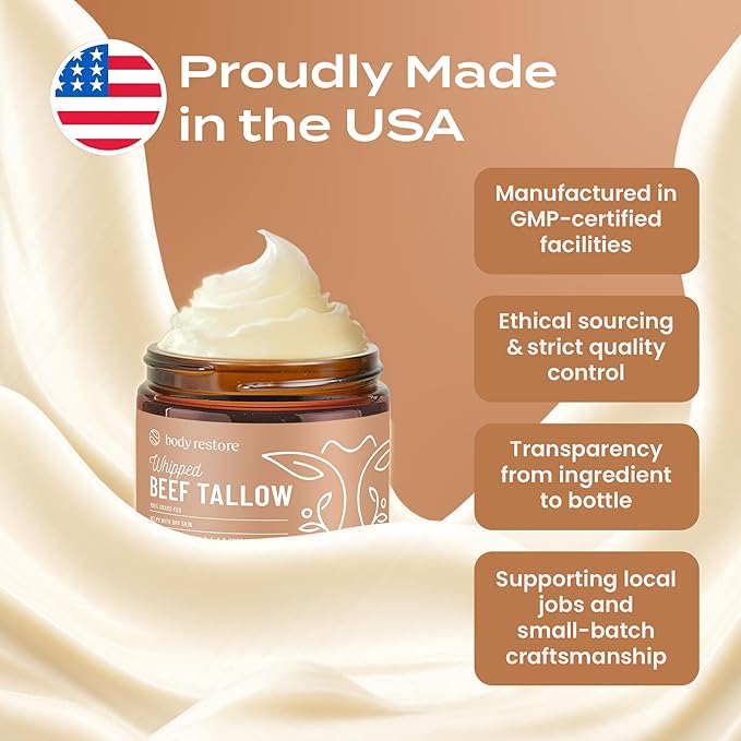 Body Restore Grass Fed Whipped Beef Tallow Balm for Face & Body – Manuka Honey, Jojoba Oil, Cocoa Butter – Deep Moisture for Dry, Cracked Skin – Non-Greasy, Fast Absorbing – Made in USA – Unscented