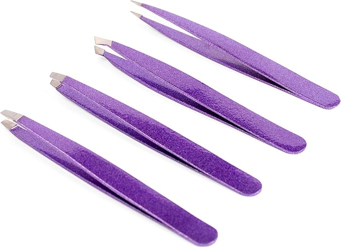 Katsumi Pinnacle 4-Piece Tweezers Set – Precision Stainless Steel Tweezers for Eyebrows, Facial Hair, Ingrown Hair, Splinters – Professional Beauty Kit Purple Glitter