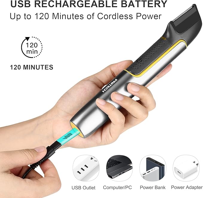 PRITECH Body Hair Trimmer for Men, Body Hair Groomers with Guard Comb, Rechargeable Hair Trimmer for Pubic Area, Back, Face, Legs and Beard