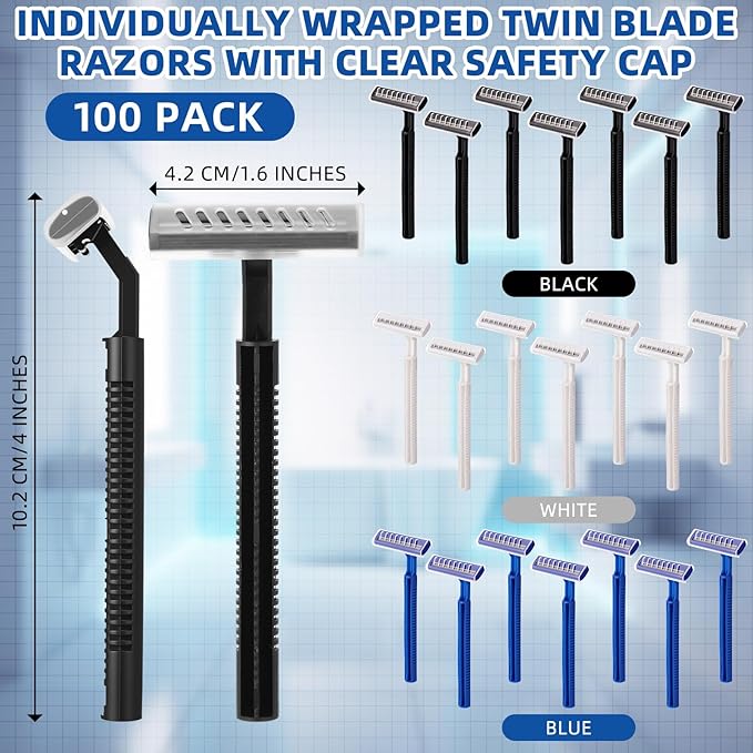 Hanaive Men's Disposable Razors Bulk Twin Blade Disposable Stainless Steel Hospitality Quality Shaver Multipurpose Portable Shave Razor Manual for Bathing Hotel Travel (Black White Blue, 100 Pcs)