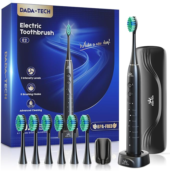 Electric Toothbrush for Adults Kids Electric Toothbrush Rechargeable Sonic Toothbrush Ultrasonic Toothbrush with Travel Case, Holder & 7 Brush Heads, 6 Modes & 3 Intensities, 2-Minute Timer (Black)