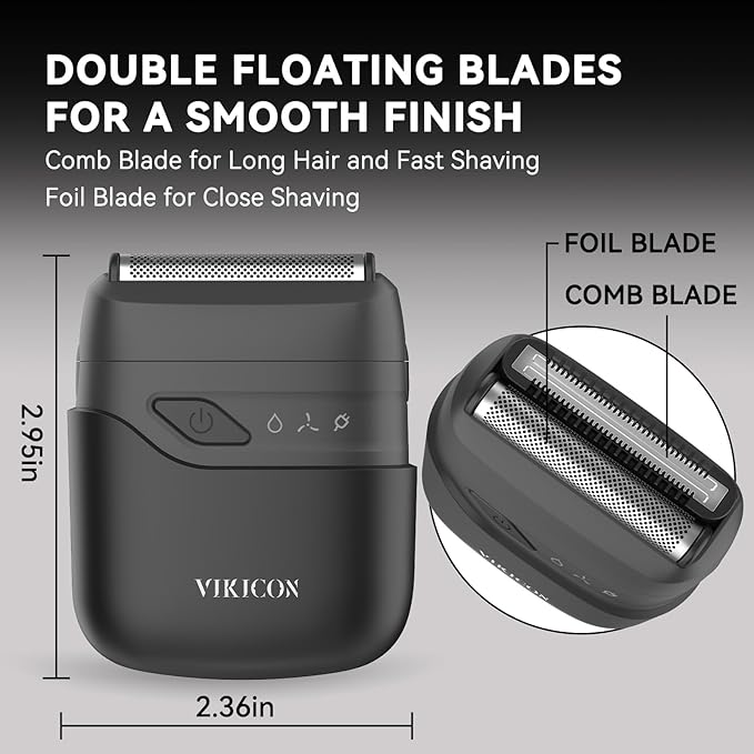 VIKICON® Electric Foil Shaver for Men, Portable Mini Travel Razor for Face & Beard, Dual Floating Blades for Close Shave, USB-C Fast Charging Waterproof On-the-Go Stubble Trimmer, Matte Black