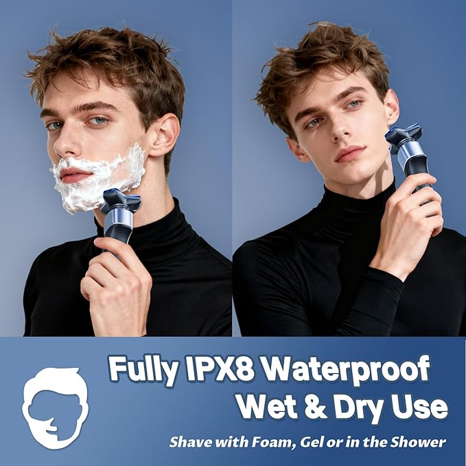 Electric Razor for Men: 3-in-1 Shaver with Hair Clipper and Nose Trimmer - 3D Floating Heads, USB-C Charging, IPX8 Waterproof - for Face, Beard, Body and Travel, Dusty Blue