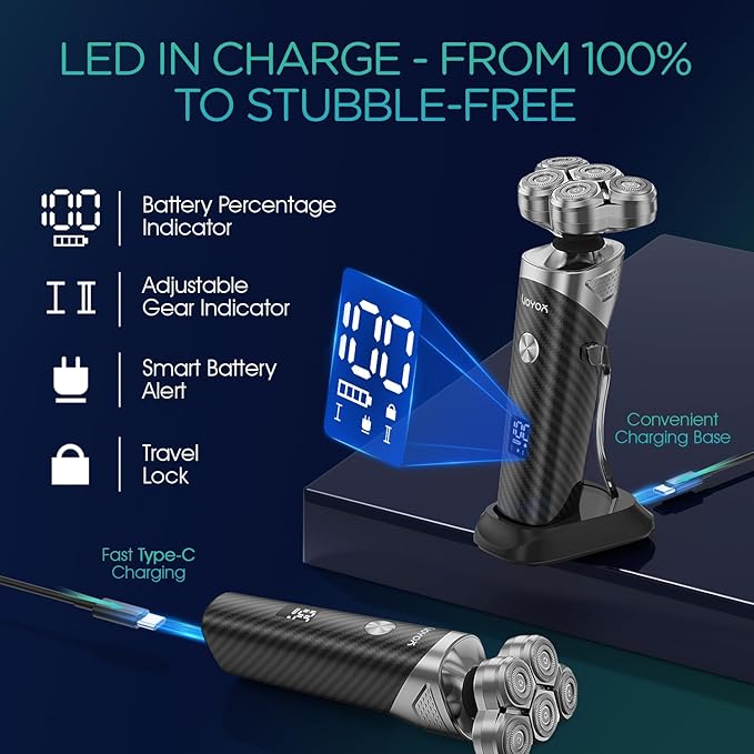 VOYOR Electric Razor for Men - 5D Floating Shavers for Men Magnetic Electric Shaver Rechargeable Face Shaver LED Display Wet Dry Shaving IPX6 Waterproof Mens Rotary Razor TX500 (Black)