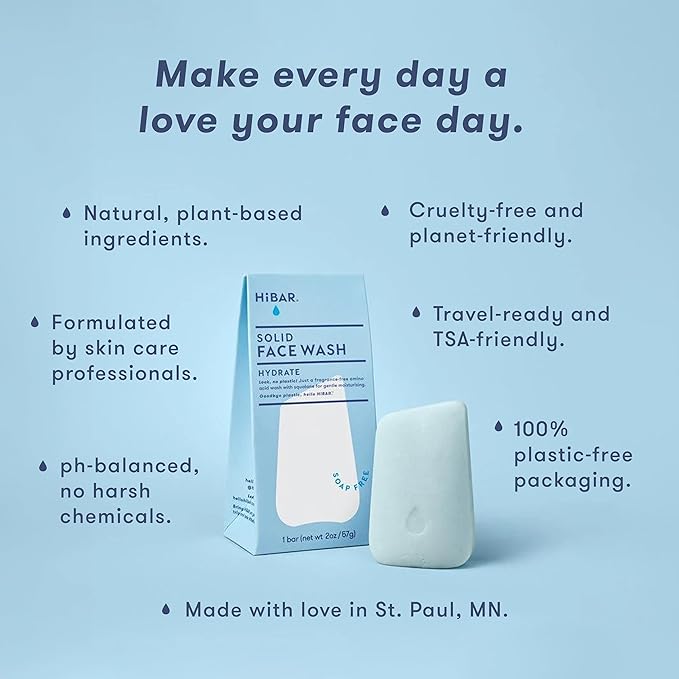 HIBAR - Hydrate Face Wash Bar - Solid Face Wash - Hydrating & Moisturizing - With 12 Unique Amino Acids - Safe For Daily Use & Sensitive Skin - Plastic, Paraben & Soap-Free - Vegan - 1 Bar