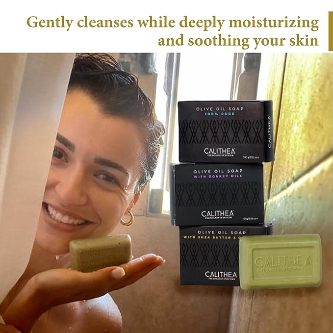 Calithea 3 Pack Olive Oil Based Soap Bars: 100% Pure Olive Oil Soap, Donkey Milk, and Shea Butter & Oatmeal Soap Bars