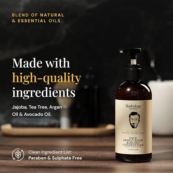 2-in-1 Beard and Face Moisturizer with Jojoba Oil, Argan Oil, and Avocado Oil, Conditions Dry, Itchy and Coarse Facial Hair, 10oz Pump Bottle