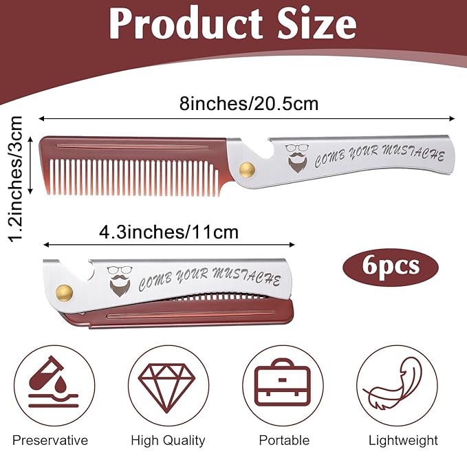 6 PCS Folding Beard Comb, Groomsmen Gifts for Men with Opener Portable Pocket Comb Proposal Gift Combs Hair Mustache Compact Flip Combs for Detangling Grooming Wedding Party